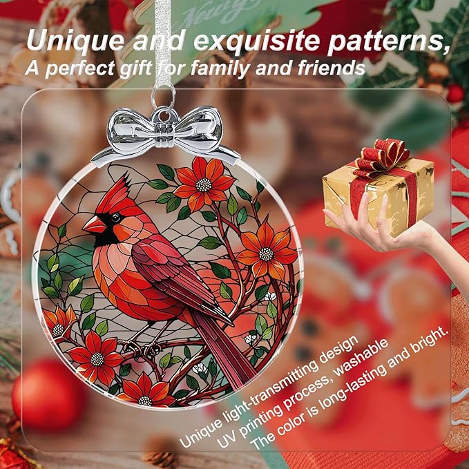 Cardinal Christmas Ornament Crystal Glass for Christmas Tree Décor - Red Cardinal Memorial Gifts - Hanging Ornament Crystal Glass Holiday Keepsake Present Idea