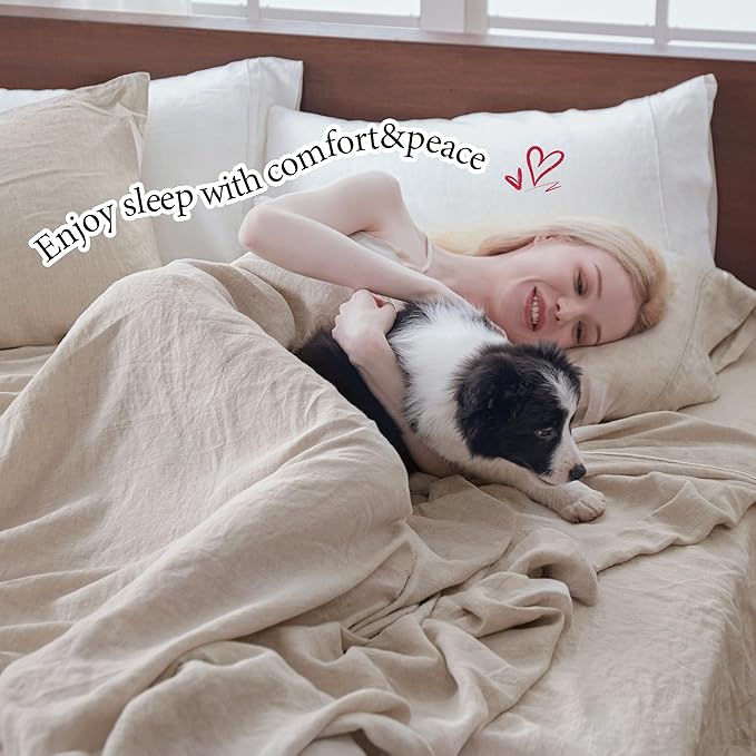 Simple&Opulence 100% Pure Linen Sheet Set King Size, Natural French Flax Solid Color 4 Pcs Washed Breathable, Farmhouse Bedding (1 Flat Sheet,1 Fitted Sheet,2 Pillowcases)-Embroidery Linen