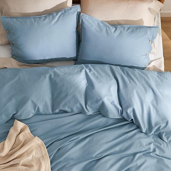 Bedsure Linen Duvet Cover Queen - Linen Cotton Blend Bedding Set, Soft & Cozy, 3 Pieces, 1 Duvet Cover 90x90 Inches and 2 Pillowcases, Grey Blue Color Cooling Bedding, Comforter Sold Separately