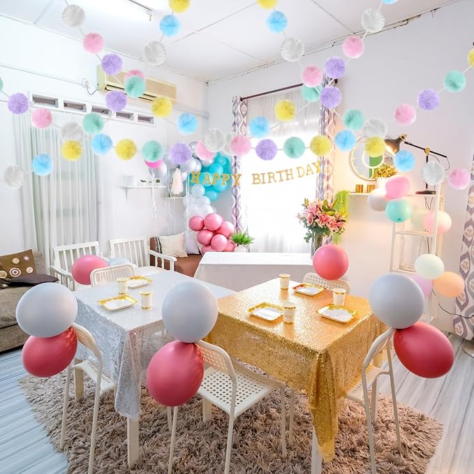 2 Pack Large Pom Poms Garland Hanging Decorations Colorful Soft Faux Rabbit Fur Ball Garland for Easter Xmas Holiday Wedding Baby Shower Birthday Party Supplies(Pastel Color,2.36 Inch)