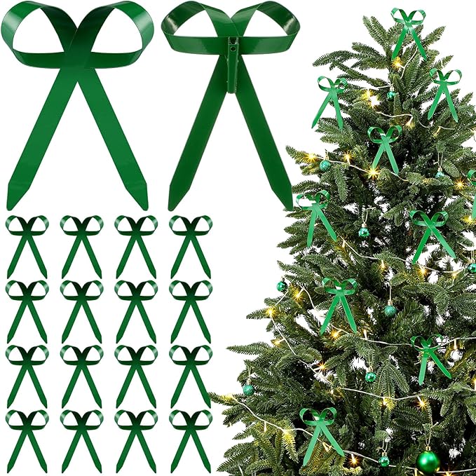 12 Pcs 2025 Metal Christmas Bow Ornaments for Christmas Tree Garland Wreath Bulk Bow with Clip Ornament Vintage Indoor Outdoor Home Xmas Party Decorations, 4 x 5 Inches (Green)