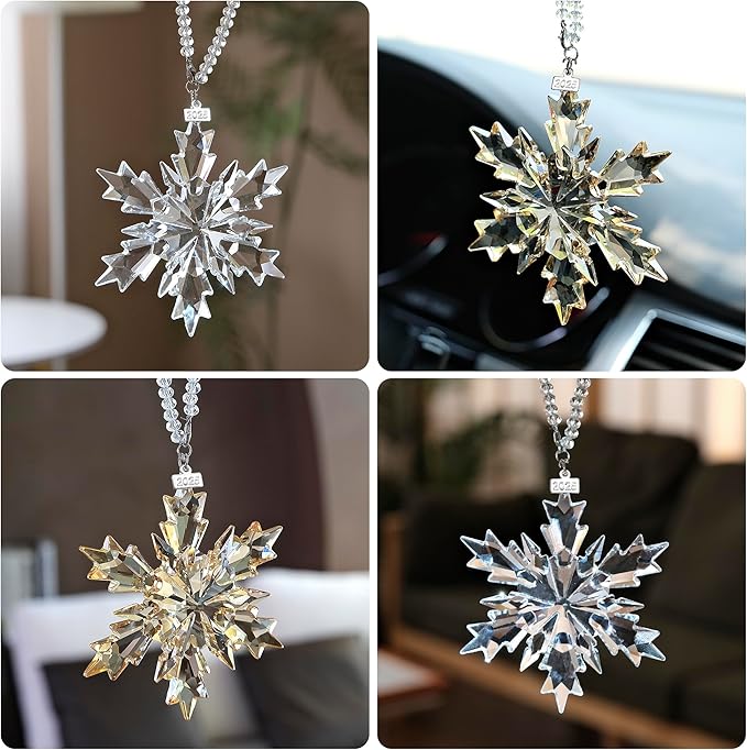 2025 Annual Christmas Ornaments Crystal Snowflake Star Clear White Faceted Crystal with Tone Metal Accents and Rayon Ribbon-New Year Christmas Tree Ornaments Crystals Sun Catcher Home Hanging Decor