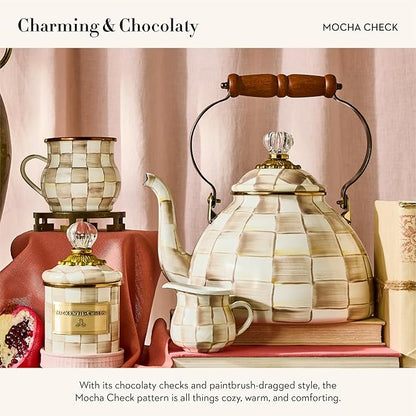 MACKENZIE-CHILDS Enamel Tea Kettle, Stylish Tea Kettle for Stovetop, Brown-and-White Mocha Check, 3 Quarts