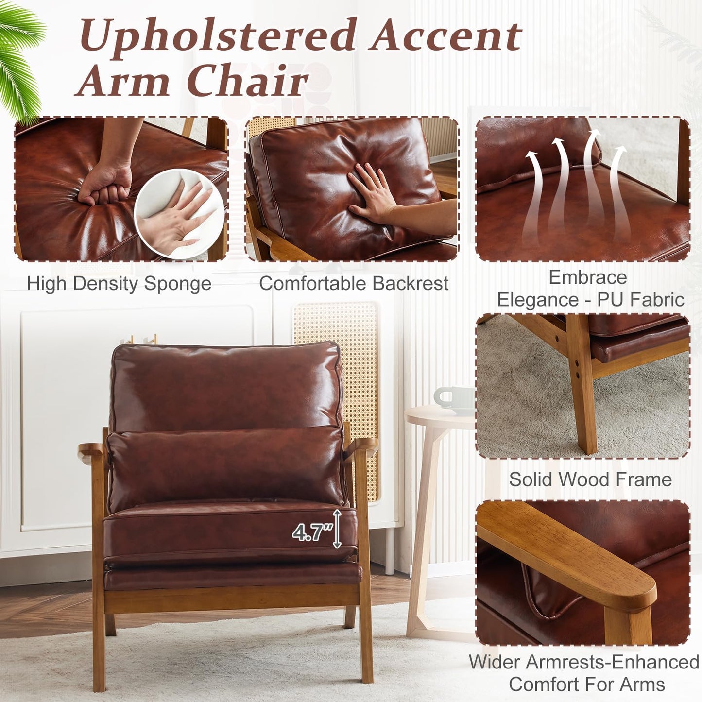 VINGLI Solid Wood Wide Armrests Accent Chair,Upholstered Mid Century Modern Chair with Pillow,Comfy Reading Chair Farmhouse Arm Chair,Chairs Living Room,Bedroom,Guest Room,Teddy Fleece,Khaki