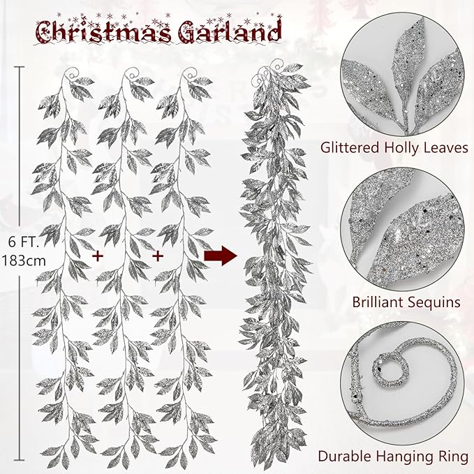 3 Pcs 6FT Christmas Garland Silver Glittered Artificial Magnolia Leaves for Mantle Christmas Tree Decorations Indoor Outdoor Hanging Garland Ornaments Garden Door Wall Window Stair Holiday Home Decor