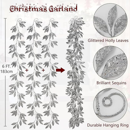 3 Pcs 6FT Christmas Garland Silver Glittered Artificial Magnolia Leaves for Mantle Christmas Tree Decorations Indoor Outdoor Hanging Garland Ornaments Garden Door Wall Window Stair Holiday Home Decor