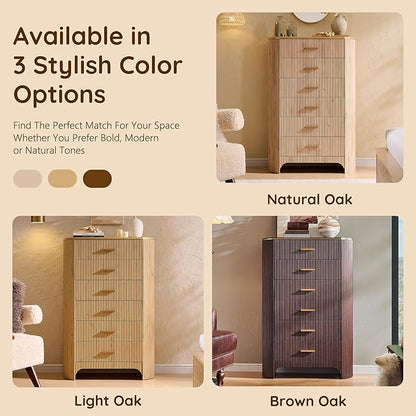 Fluted 6 Drawer Tall Dresser with Curved Profile,47.8" Tall Drawers with Reeded Texture,Gold Handles Storage Organizer Cabinet for Bedroom,Living Room,Entryway,Natural Oak