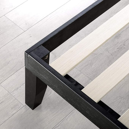 Mellow Marley 14 Inch Solid Wood Platform Bed with Paneled Headboard, Ebony Black, Queen