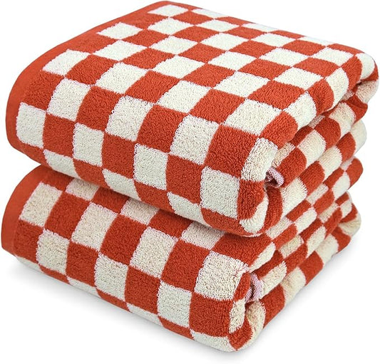 Jacquotha Ultra Soft Bath Towels 2 Pack - 520 GSM Cotton Highly Absorbent Checkered Towels Set for Bathroom, Coral