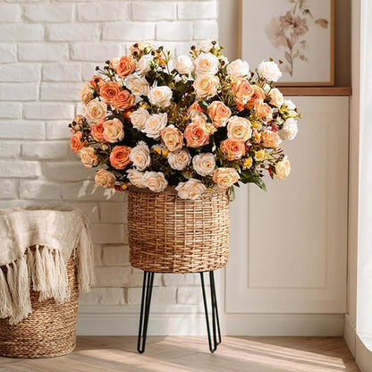Artificial Flowers for Outdoor 4 Bundles Rose Bouquet with Daisy Faux Flowers UV Resistant for Home Indoor Outside Garden Porch Window Box Balcony Yard Porch Decor (White+Orange)