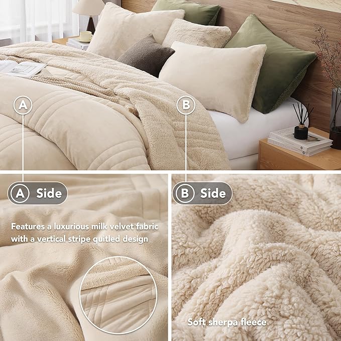 Monbix Fluffy Full Comforter Set Beige, Sherpa Plush Fuzzy Comforter 3 Piece for Full Size Bed, Luxury Soft Winter Warm Bedding Set