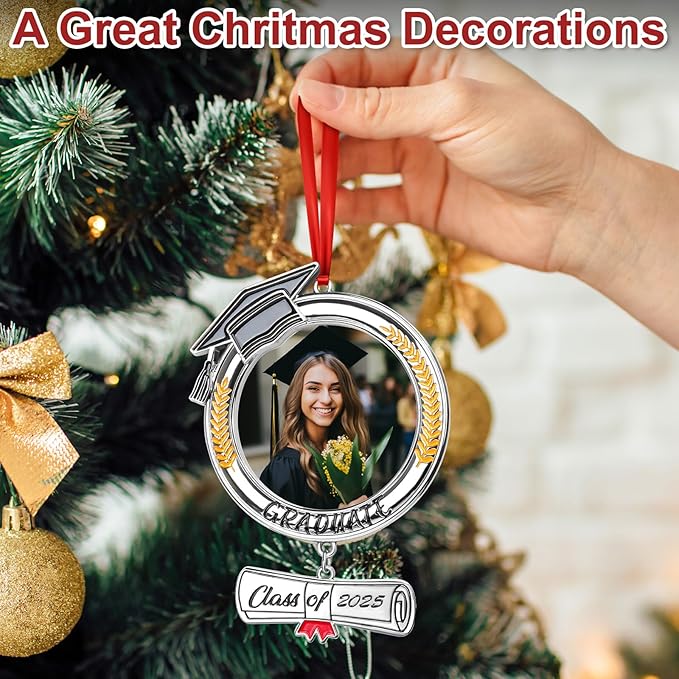 COCHIE Metal Class of 2025 Picture Frame Ornaments for Tree Stocking Decorations, Personalized Xmas Graduation Photo Frame Ornament Keepsake, Christmas Graduate Gifts Ideas