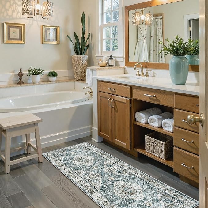 Uphome Bathroom Runner Rug, Distressed Tribal Farmhouse Blue Bathroom Mat, Large Bathroom Rugs Non Slip Washable, Oriental Retro Boho Bath Mat Runner for Bathtub Sink Hallway, 24x71 inch