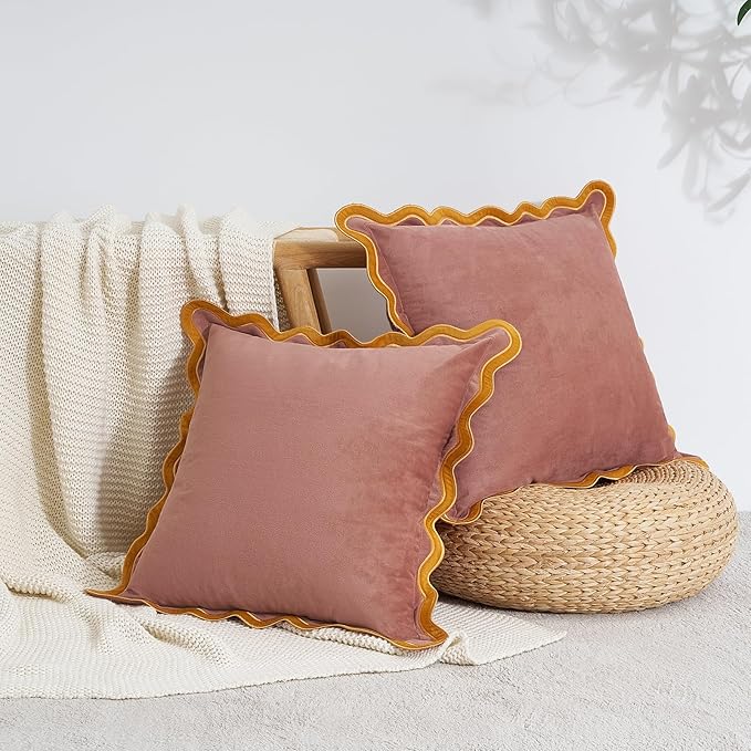 MONDAY MOOSE Decorative Throw Pillow Covers Cushion Cases, Set of 2 Soft Velvet Scalloped Wavy Edge Designs, Mix and Match for Home Decor, Pillow Inserts Not Included (Honey/Pink, 20x20 inch)
