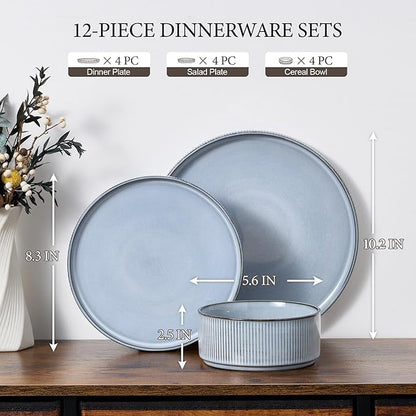 E-far 12-Piece Plates and Bowls Sets, Stoneware Dinnerware Dishes Sets for 4, Kitchen Modern Dining Dishware, Chip & Scratch Resistant, Microwave & Dishwasher Safe, Dusty Blue