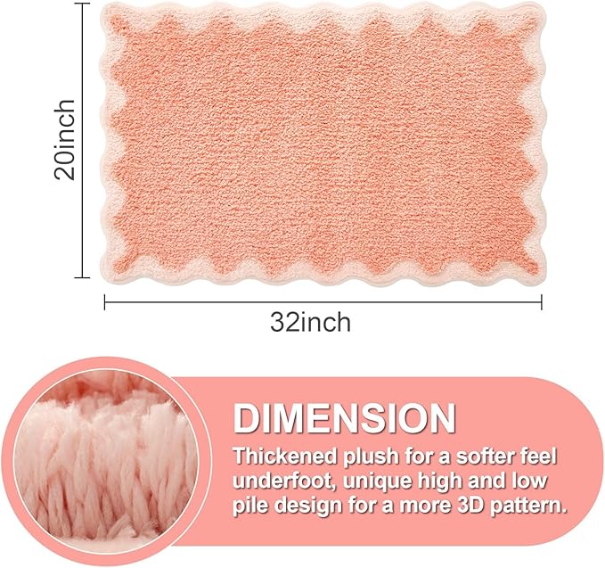 ORTIGIA Cute Coral Pink Scalloped Bath Mat, Fun Plush Microfiber Scallop Bathroom Rugs Non Slip Washable Quick Dry Absorbent, Bath Rug Shower Stall Vanities Kitchen Floor Entrance, 20x32