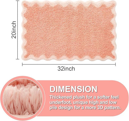 ORTIGIA Cute Coral Pink Scalloped Bath Mat, Fun Plush Microfiber Scallop Bathroom Rugs Non Slip Washable Quick Dry Absorbent, Bath Rug Shower Stall Vanities Kitchen Floor Entrance, 20x32
