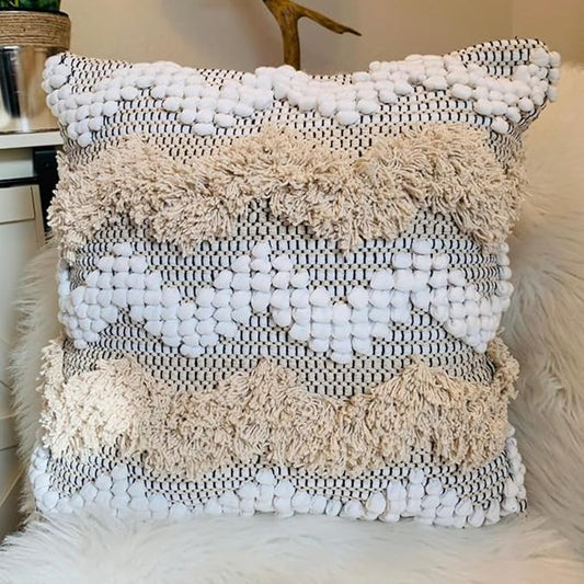 Throw Boho Pillow Cover, 18”x18” Bohemian Moroccan Rustic Decorative Pillows with Tufted Accents, Plush Handwoven Cotton, Textured Woven Neutral Farmhouse Scandinavian Home Decor (no Insert)