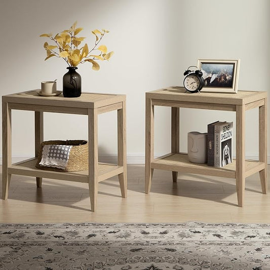 SICOTAS Rattan Nightstands Set of 2 Boho Bedside Tables Narrow End Table Side Table, Light Oak
