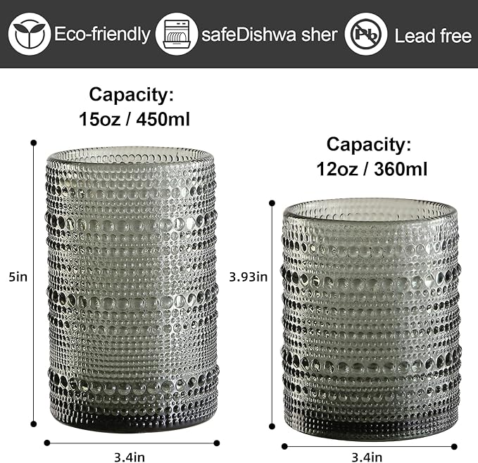 Vintage Hobnail Drinking Glasses Set of 8,Grey 12 oz & 15oz Highball Glass Cups, Kitchen Drinkware Glassware