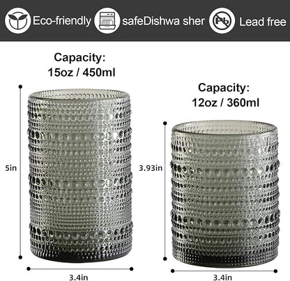 Vintage Hobnail Drinking Glasses Set of 8,Grey 12 oz & 15oz Highball Glass Cups, Kitchen Drinkware Glassware