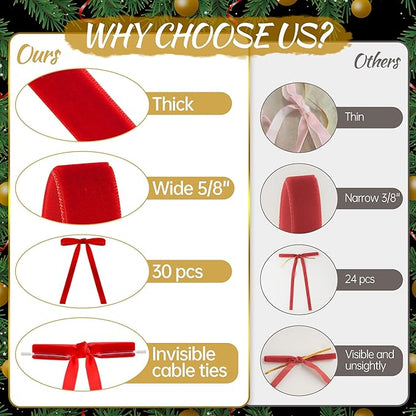 AYGXU 30pcs Velvet Bows for Christmas Tree Decorations,Twist tie Bows,Vintage Christmas Bow Decor,premade Bow for Gift Wrapping,Table,Garland,Fireplace Decor.red(5/8" W,5.1 * 7in)