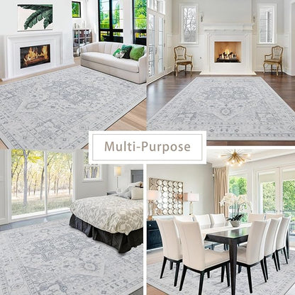 Area Rug 6x9 Washable Area Rugs for Living Room- Ultra Soft Non-Shedding Faux Wool Bedroom Rug Large Grey Vintage Print Rugs with Non Slip Rubber- Indoor Retro Foldable Carpet for Dining Room