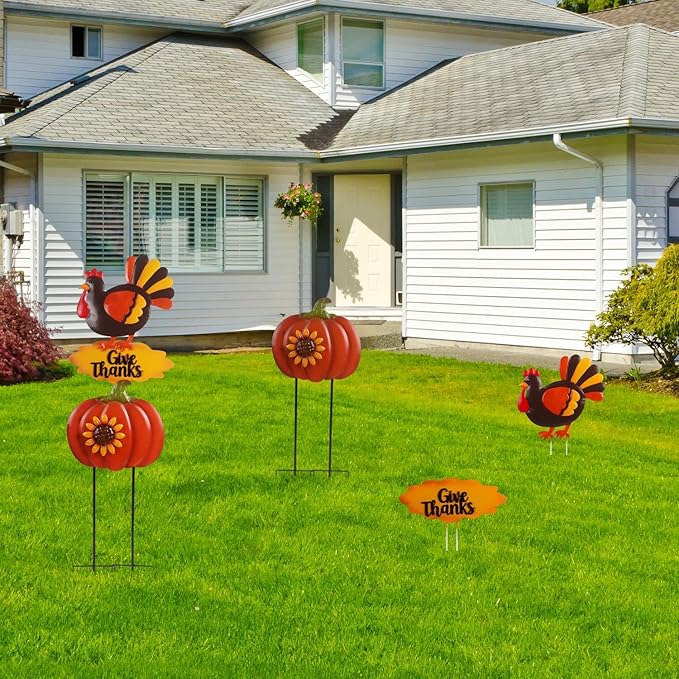 Turkey Thanksgiving Decorations Outdoor 38.5inch with Give Thanks Sign and Sunflowers, Metal Pumpkin Yard Stakes for Fall Garden, Lawn, and Harvest Decorations Outdoor