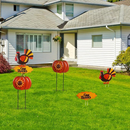 Turkey Thanksgiving Decorations Outdoor 38.5inch with Give Thanks Sign and Sunflowers, Metal Pumpkin Yard Stakes for Fall Garden, Lawn, and Harvest Decorations Outdoor