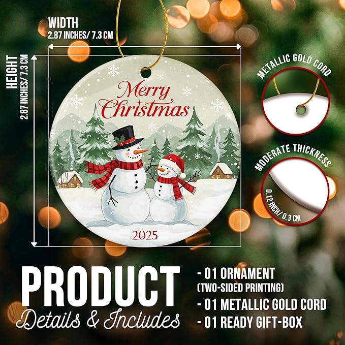 ZAGKOO Snowman Christmas Ornament 2025 - Merry Christmas Dated 2025 Ornaments for Tree, Beautiful Snowman Gifts for Family, Friends, Coworkers - Ceramic Hanging Ornament for Holiday Decoration