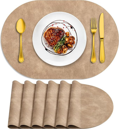 ADRIMER Placemats, Heat Resistant Oval Placemats Set of 6 Washable 12 x 17 Inch, Waterproof Table Placemats Set of 6, Wipeable Faux Leather Placemats for Kitchen, Dining Room, Apricot