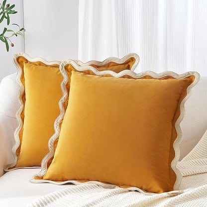 MONDAY MOOSE Decorative Throw Pillow Covers Cushion Cases, Set of 2 Soft Velvet Scalloped Wavy Edge Designs, Mix and Match for Home Decor, Pillow Inserts Not Included (Cream/Honey, 20x20 inch)