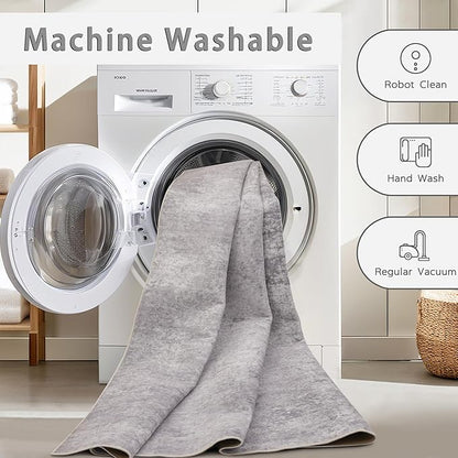 Washable Rugs 8x10 Area Rugs for Living Room,Modern Abstract Rugs for Bedroom,Large Carpets,Ultra Soft Faux Wool Retro Dining Room Rug,Non Slip&Non-Shedding Low Pile Print Rug- Grey