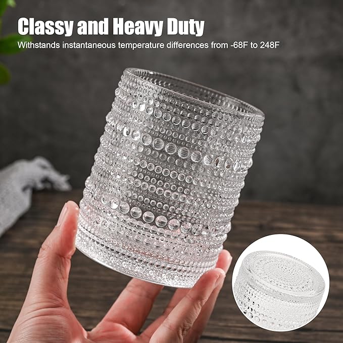 Hobnail Drinking Glasses Set of 6,12oz Vintage Glassware Embossed Vintage Water Cups Cocktail Glasses Juice Glasses
