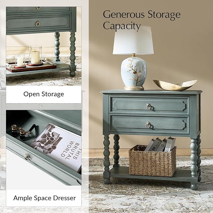 HULALA HOME Farmhouse Storage End Table with 2 Drawers and Open Shelf, Solid Wood Side Table with Spindle Legs, Nightstand with Charging Station (Blue)