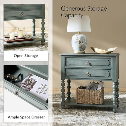 HULALA HOME Farmhouse Storage End Table with 2 Drawers and Open Shelf, Solid Wood Side Table with Spindle Legs, Nightstand with Charging Station (Blue)