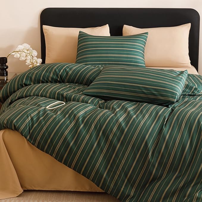CLOTHKNOW Green Striped California King Comforter Set Green Khaki Black Bedding Comforter Sets Ticking Farmhouse Comforter with 2 x Pillowcases
