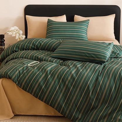 CLOTHKNOW Green Striped California King Comforter Set Green Khaki Black Bedding Comforter Sets Ticking Farmhouse Comforter with 2 x Pillowcases