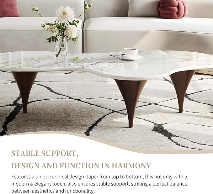54.7" Irregular Modern Coffee Table Unique Wave-Shaped Design, Sintered Stone Living Room Table with Wood-Like Texture Metal Legs, Easy Assembly Cloud Tea Table for Living Room, Bedroom