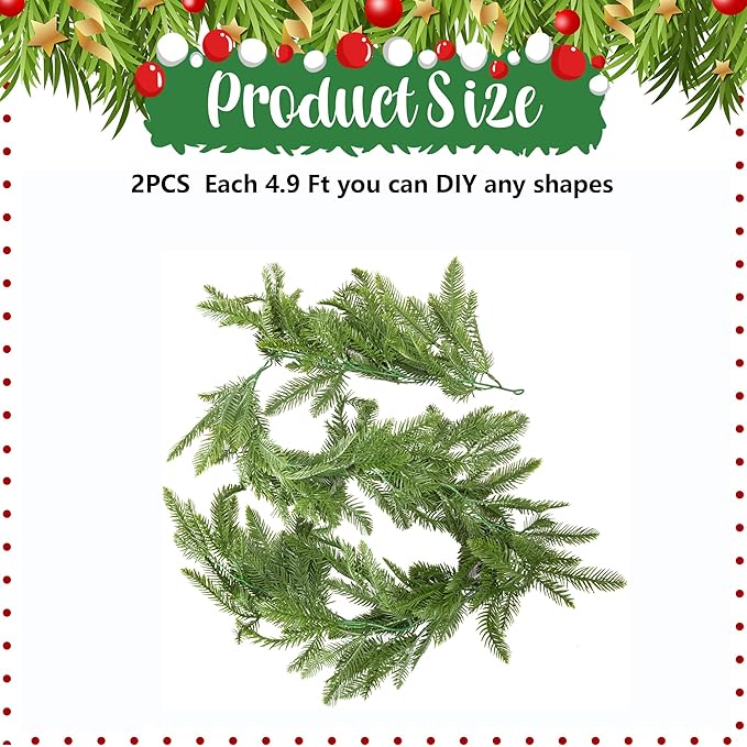 Watayo 2 Pcs Realistic Touch Norfolk Pine Garland, 4.9 Ft Artificial Realistic Christmas Garland for Mantle, Faux Norfolk Pine Cedar Garlands for Christmas Fireplace Window Home Indoor Outdoor Decor