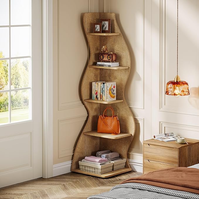 Tribesigns Wavy Corner Shelf, Modern 5-Tier Bookshelf Bookcase with Curvy Shape, Unique Plant Stand Display Rack for Living Room Small Space (Light Brown)