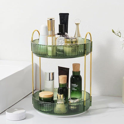 Rotating Makeup Organizer for Vanity, Perfume Skincare Lipstick Organizers for Bathroom Countertop, Clear Make up Storage for Dresser, Bathroom Cosmetics Organizer Storage 360 Spinning(2 Tier, Green)