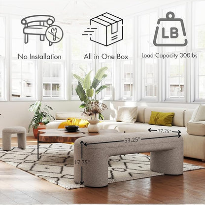 3-Pieces Modern Upholstered Ottoman Waterfall Bench for Bedroom End of Bed Accent Chair, 53" Chenille Entryway Bench Sets, Comfy Indoor Narrow Window Bench Bed Stool Living Room Bedroom, Oatmeal