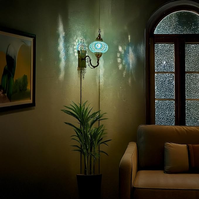 Turkish Moroccan Mosaic Plug-in Wall Sconce Lamp, Handmade Tiffany-Style Glass Globe, Ornate Brass Base, 5.2-ft Cord, Decorative Lighting for Living Room, Bedroom, Dining Room, 15x5, Teal-Turquoise
