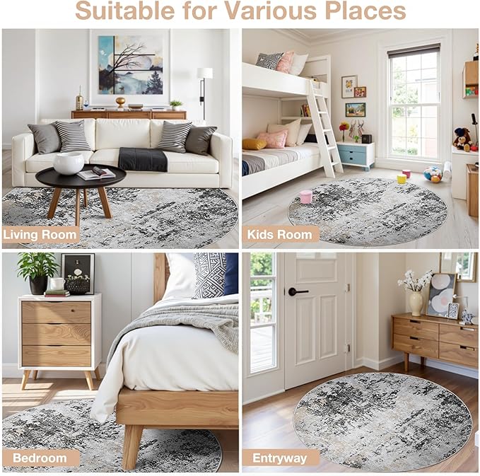 Round Rug 6ft Circle Rug Washable: Carpet Small Circular Area Rug for Entryway Kitchen Bedroom Dining Room Living Room 6 Feet Abstract College Dorm Non Slip Low Pile Black Grey Gold