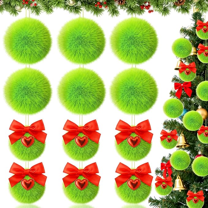 Jenaai 12 Pcs Lime Green Ball Christmas Ornaments for Xmas Tree 2 Size Christmas Hanging Decorations Soft Furry Pom Pom Balls with Red Bow for Xmas Tree Hanging Decor Party Supplies