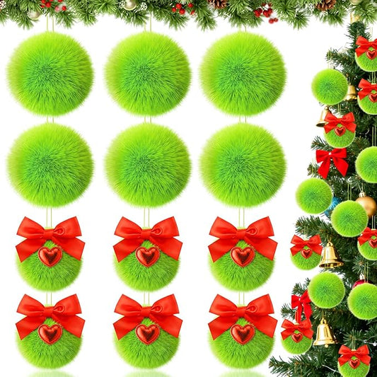 Jenaai 12 Pcs Lime Green Ball Christmas Ornaments for Xmas Tree 2 Size Christmas Hanging Decorations Soft Furry Pom Pom Balls with Red Bow for Xmas Tree Hanging Decor Party Supplies