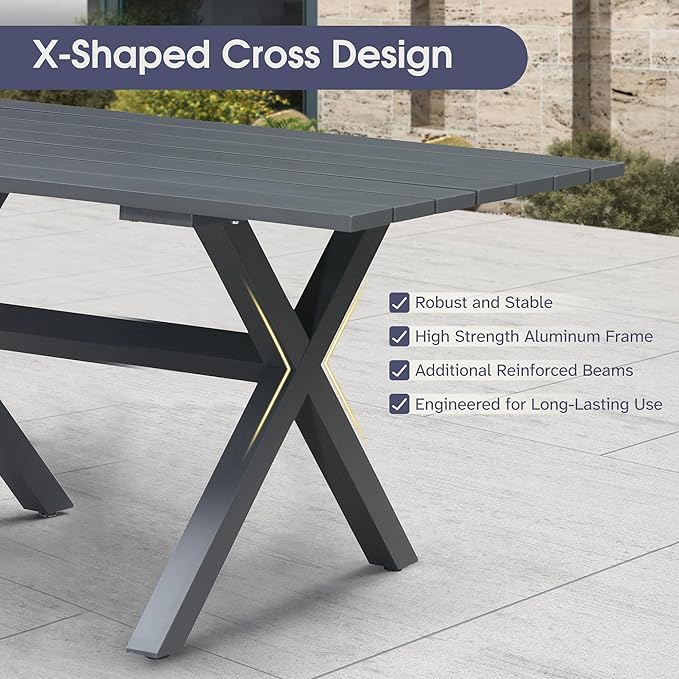 PURPLE LEAF 9 Pieces Outdoor Metal Furniture Set Patio Conversation Sets Dining Set, 1 Square Dining Table and 8 Modern Chairs with Cushions Seat Grey