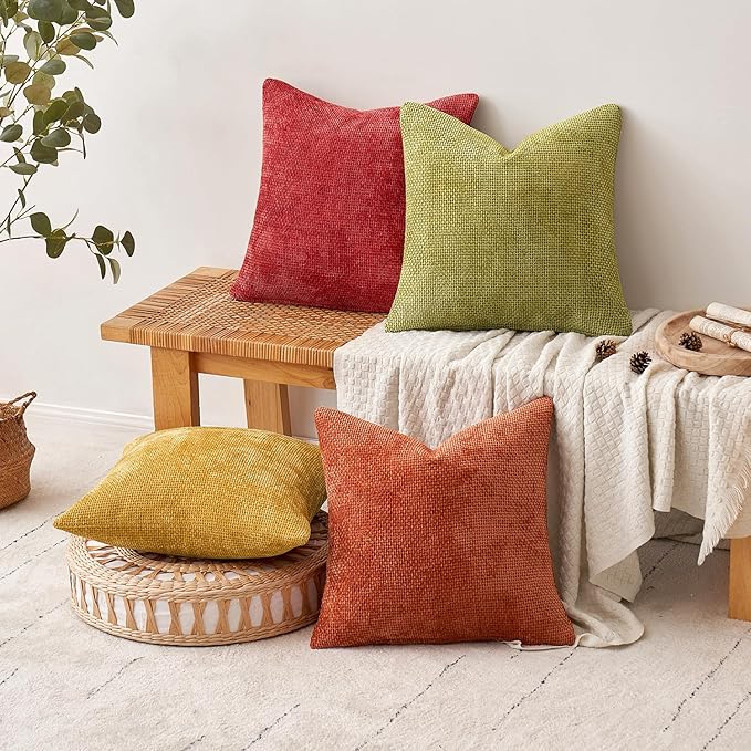 MIULEE Pack of 4 Fall Burnt Orange Throw Pillow Covers 18x18 Inch Yellow Green Soft Decorative Chenille Pillows Farmhouse Accent Cushions for Boho Home Decor Spring Bedroom Living Room