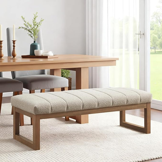 52.7" Bedroom Bench for End of Bed, Modern Upholstered Teddy Fabric Entryway Bench & Dining Bench, Footrest Stool Bench with Solid Wood Frame for Bedroom, Living Room (Camel)